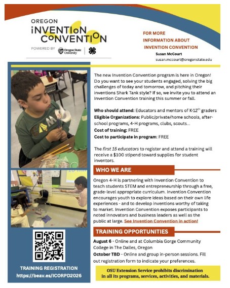 Oregon Invention Convention flyer. Training registration QR Code at the bottom right of image.